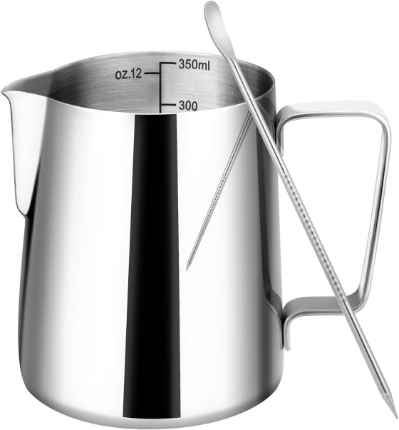 Milk Frothing Pitcher, 12oz Milk Frother Cup with Clear Scale, 304