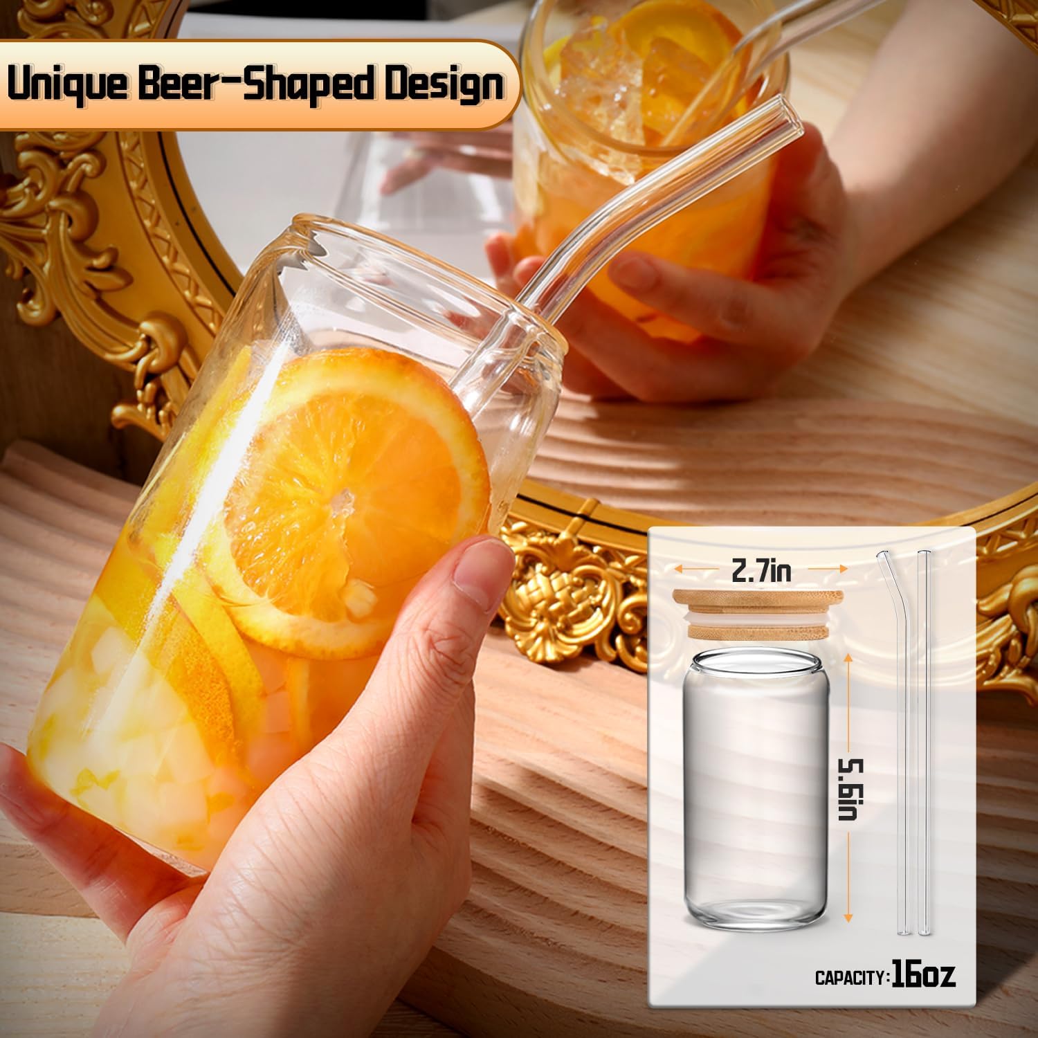 DWTS DANWEITESI Glass Cups with Lids and Straws 4 pcs,16oz Drinking