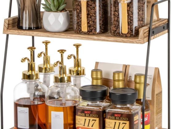 Countertop Coffee Station Organizer, 2 Tier Wooden Shelf for Coffee