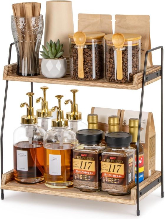 Countertop Coffee Station Organizer, 2 Tier Wooden Shelf for Coffee
