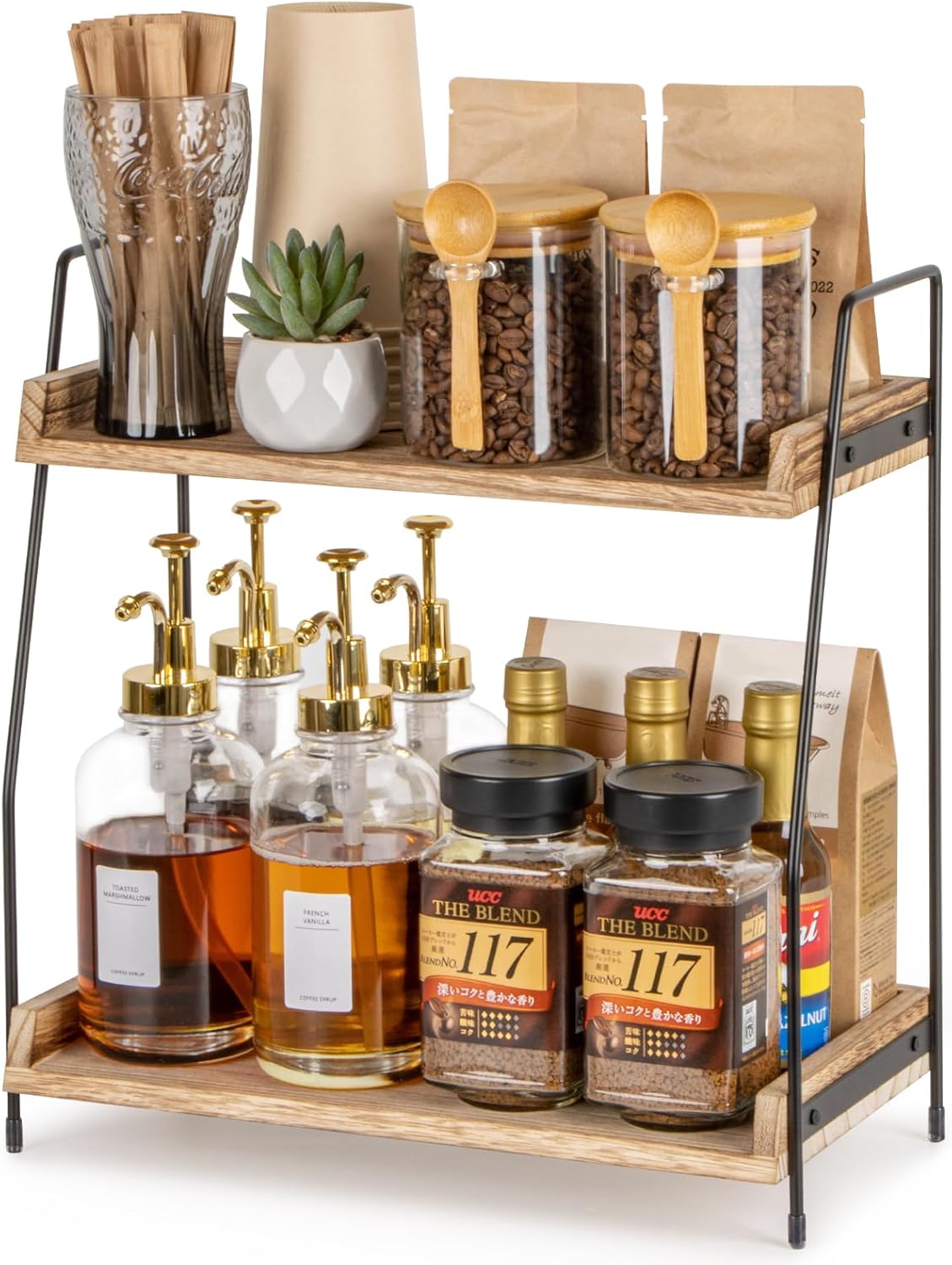 Countertop Coffee Station Organizer, 2 Tier Wooden Shelf for Coffee