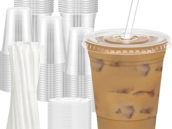Dealusy 100 Pack – 16 oz Clear Plastic Cups with Lids and Straws,