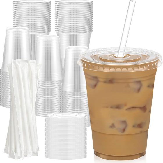Dealusy 100 Pack – 16 oz Clear Plastic Cups with Lids and Straws,