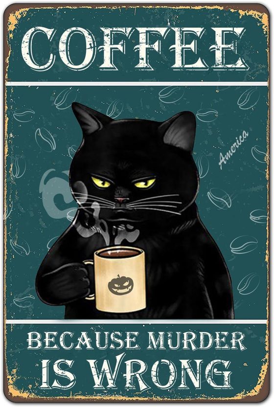 Bestylez Funny Black Cat Signs – Coffee Lovers Kitchen Decor, 12 x