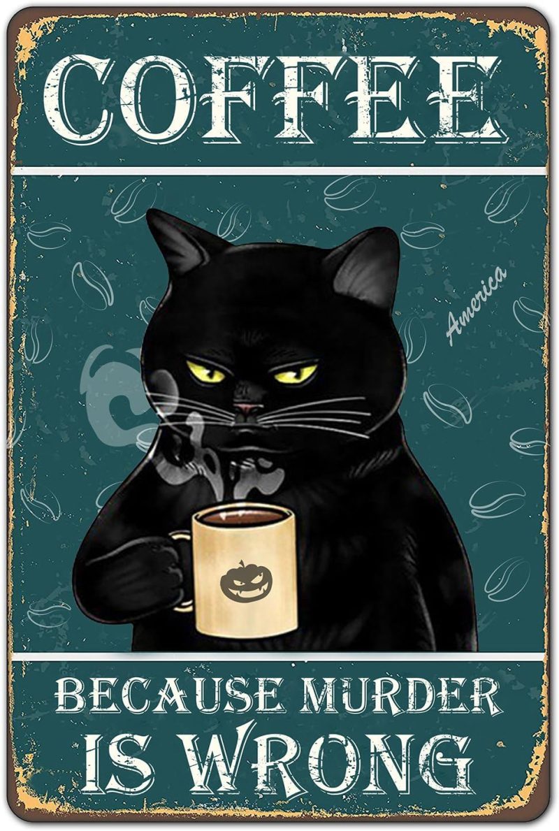 Bestylez Funny Black Cat Signs – Coffee Lovers Kitchen Decor, 12 x