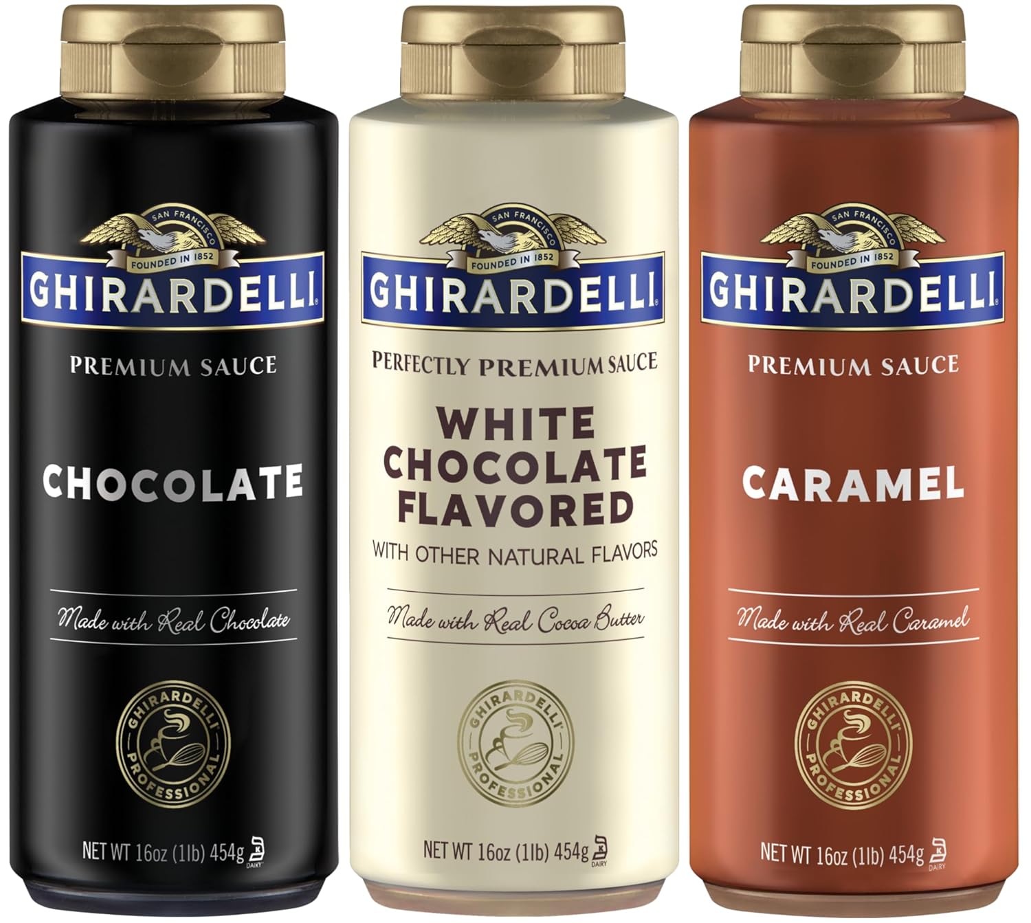 Ghirardelli Squeeze Bottles – Caramel, Chocolate & White Chocolate