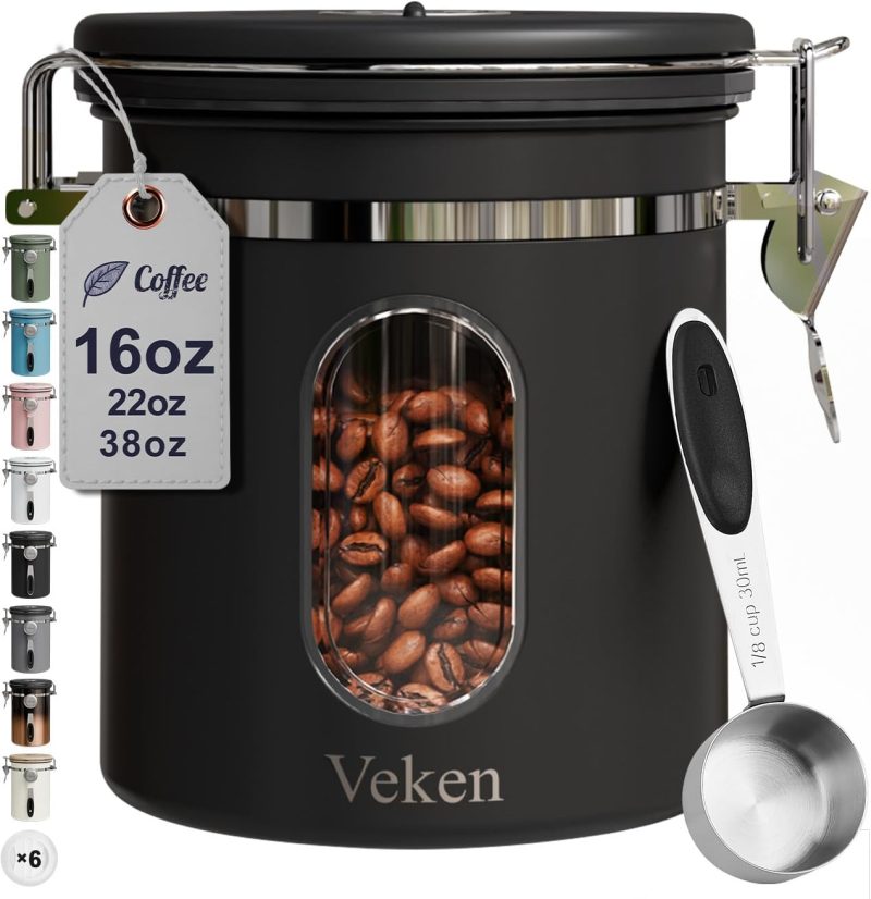 Veken Coffee Canister with Window, Airtight Stainless Steel Kitchen
