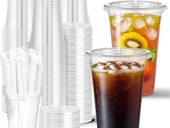 Charmount 100 Sets- 20 oz Clear Plastic Cups with Lids and Straws,