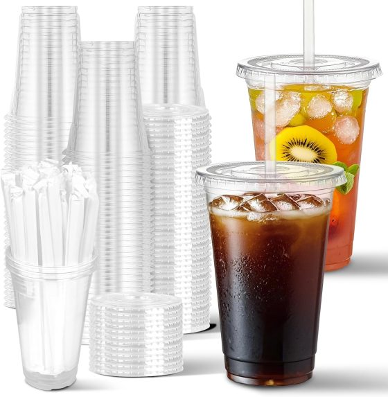 Charmount 100 Sets- 20 oz Clear Plastic Cups with Lids and Straws,