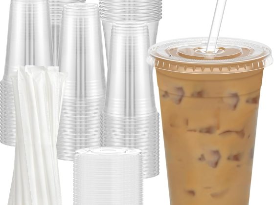 100 Pack – 20 oz Clear Plastic Cups with Lids and Straws, Sturdy &