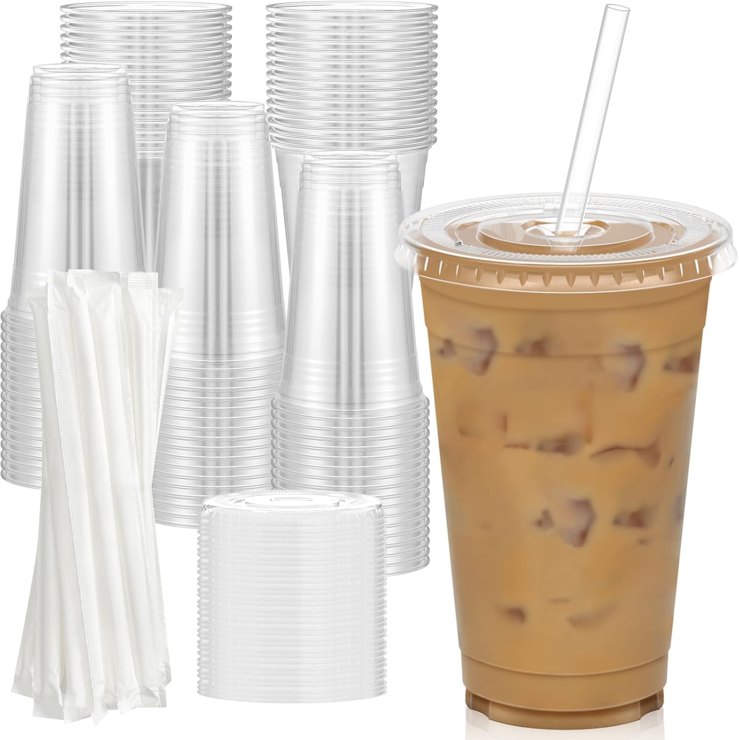 100 Pack – 20 oz Clear Plastic Cups with Lids and Straws, Sturdy &