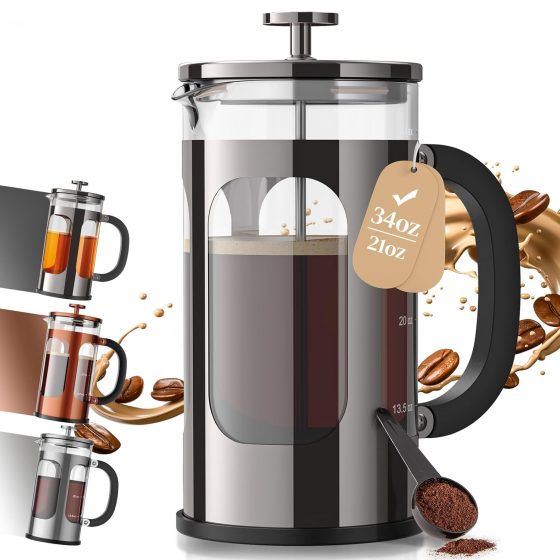 Veken French Press Coffee Maker 34oz, No Plastic Touching