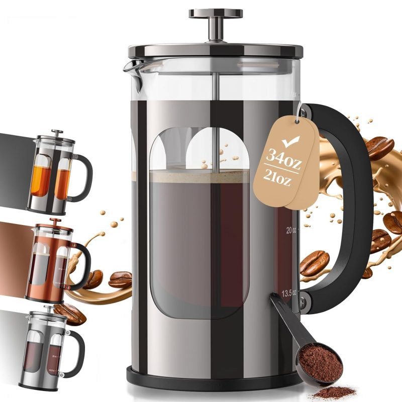 Veken French Press Coffee Maker 34oz, No Plastic Touching