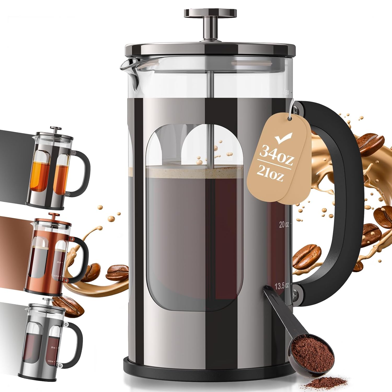 Veken French Press Coffee Maker 34oz, No Plastic Touching