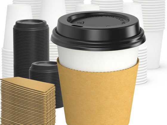 100 Pack 12 oz Disposable Coffee Cups with Lids and Sleeves, Sturdy