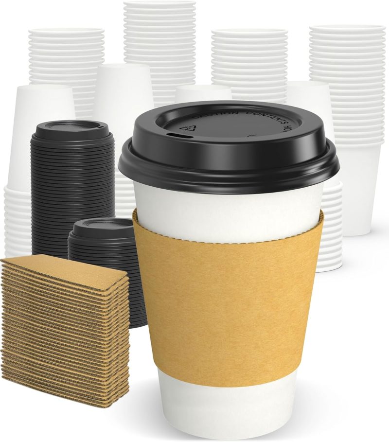 100 Pack 12 oz Disposable Coffee Cups with Lids and Sleeves, Sturdy