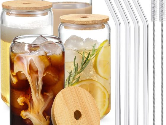Drinking Glasses with Bamboo Lids and Glass Straw 4pcs Set – 16oz