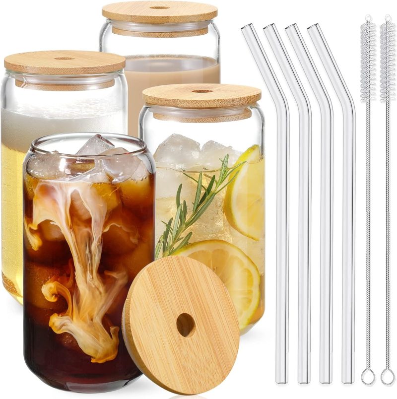 Drinking Glasses with Bamboo Lids and Glass Straw 4pcs Set – 16oz