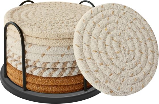 Coasters Set of 8 for Drinks, Beer, Coffee, Cotton Woven 4 Colors