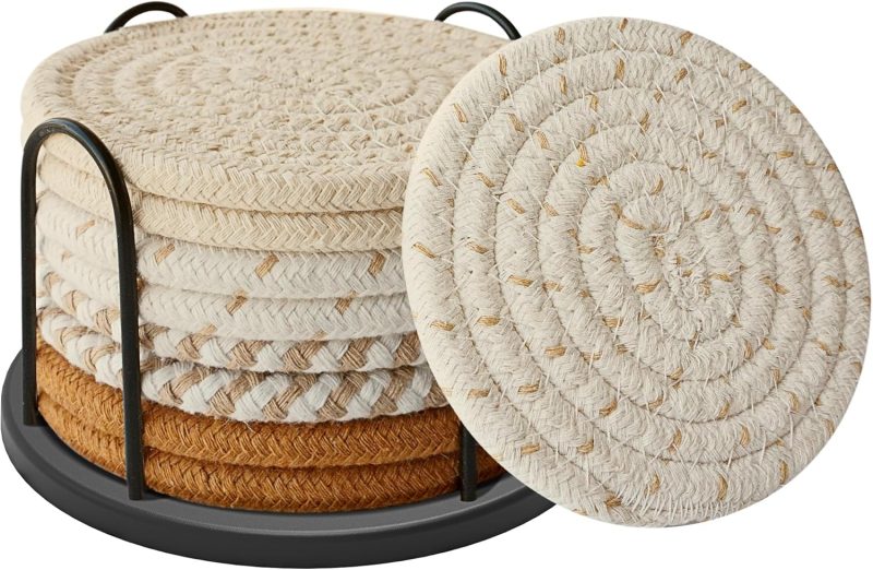 Coasters Set of 8 for Drinks, Beer, Coffee, Cotton Woven 4 Colors