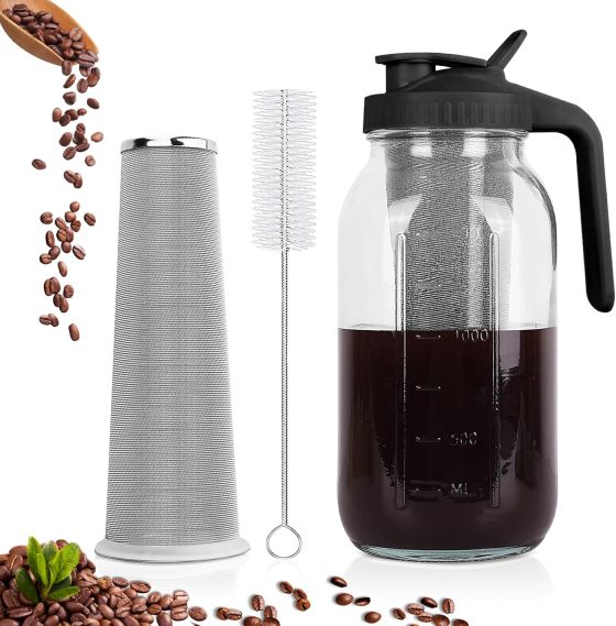 Cold Brew Coffee Maker,64 oz Mason Jar Pitcher with Stainless Steel