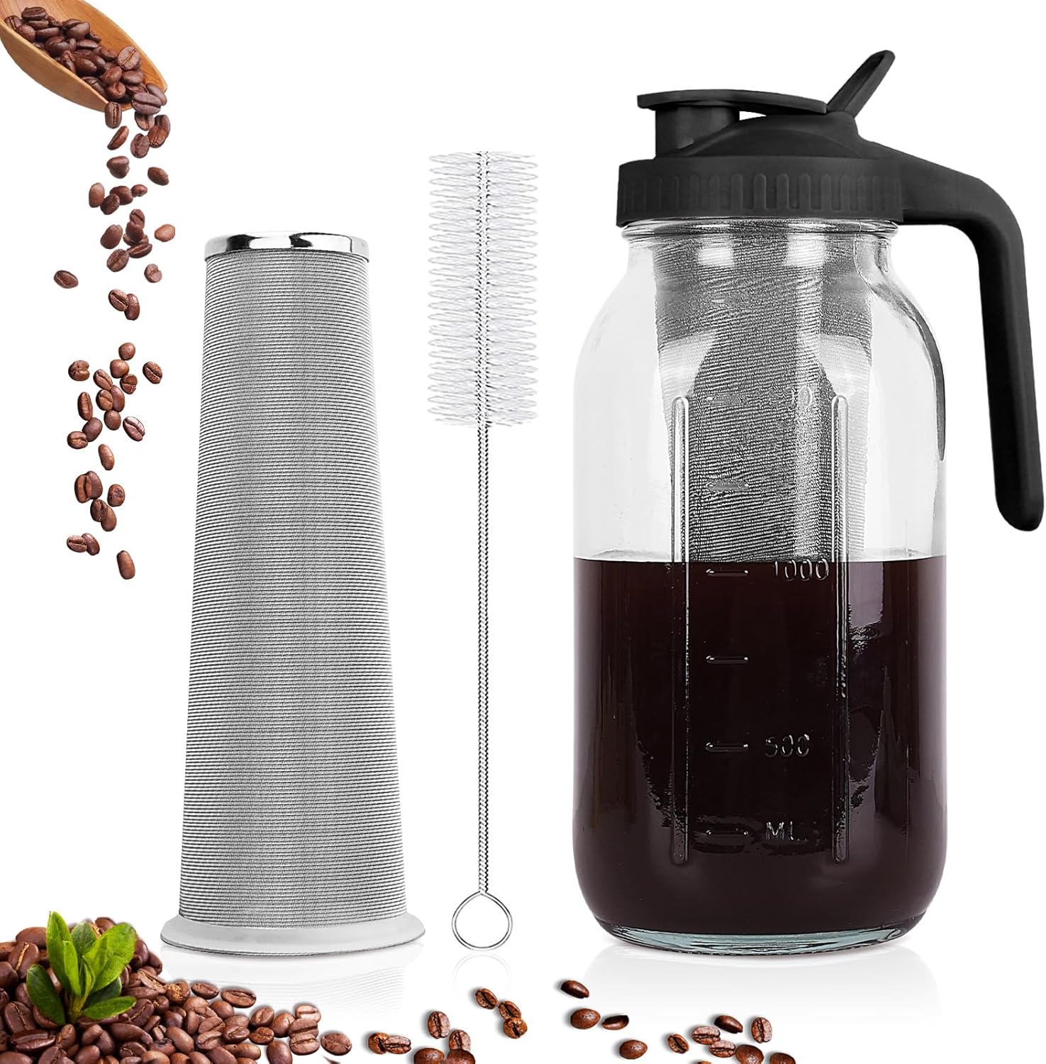 Cold Brew Coffee Maker,64 oz Mason Jar Pitcher with Stainless Steel