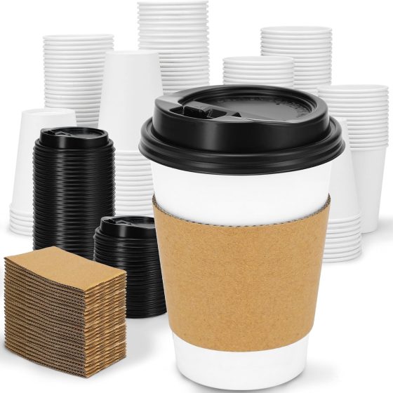 100 Pack 12 oz Disposable Coffee Cups with Lids and Insulated