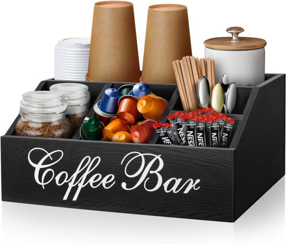 Coffee Station Organizer Pods Holder for Counter, Farmhouse Wood