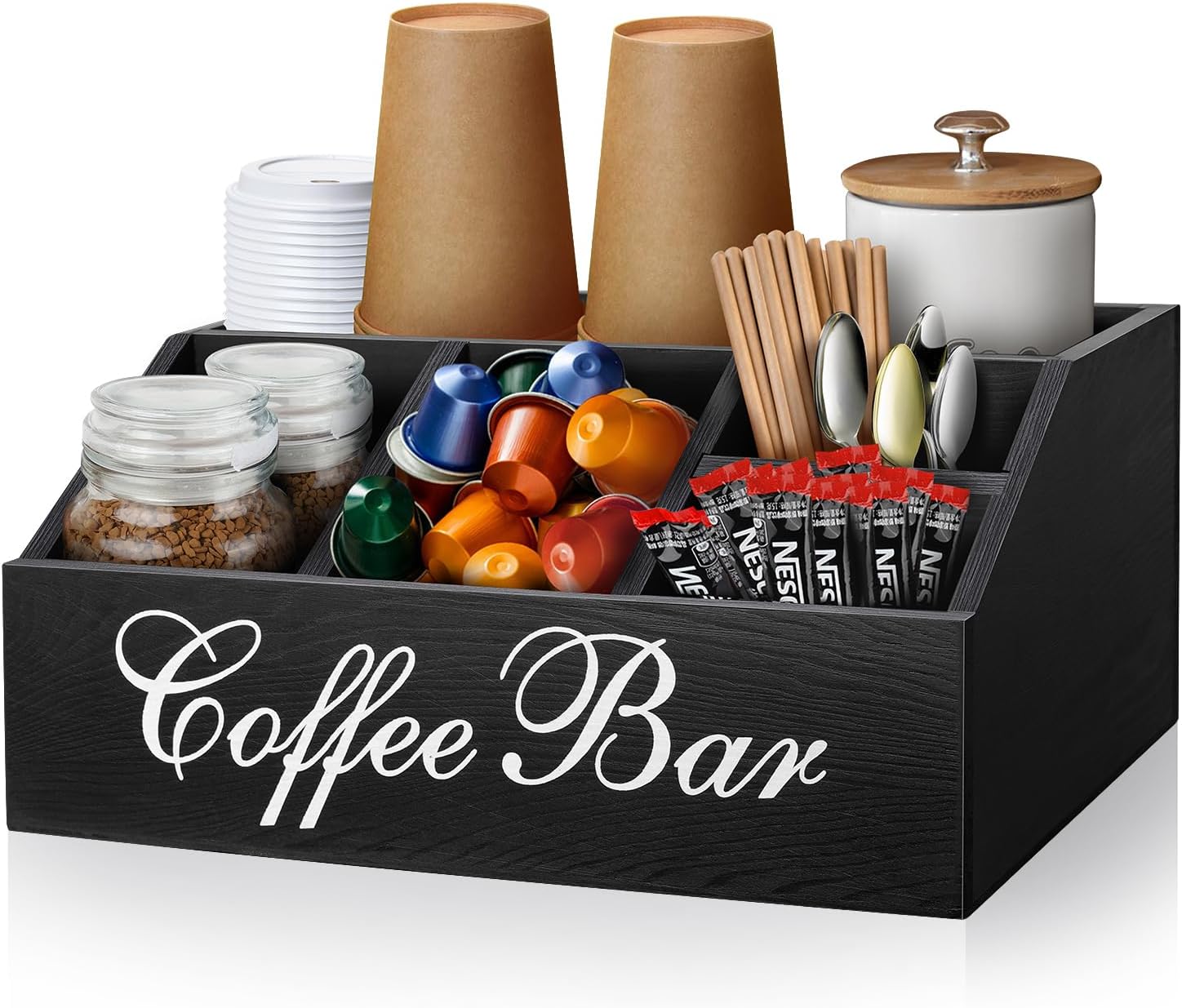 Coffee Station Organizer Pods Holder for Counter, Farmhouse Wood