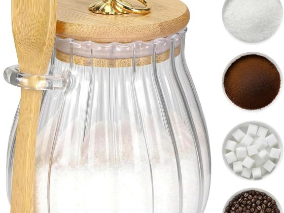 Sugar Container with Bamboo Lid and Spoon,15 oz Sugar Bowl Glass