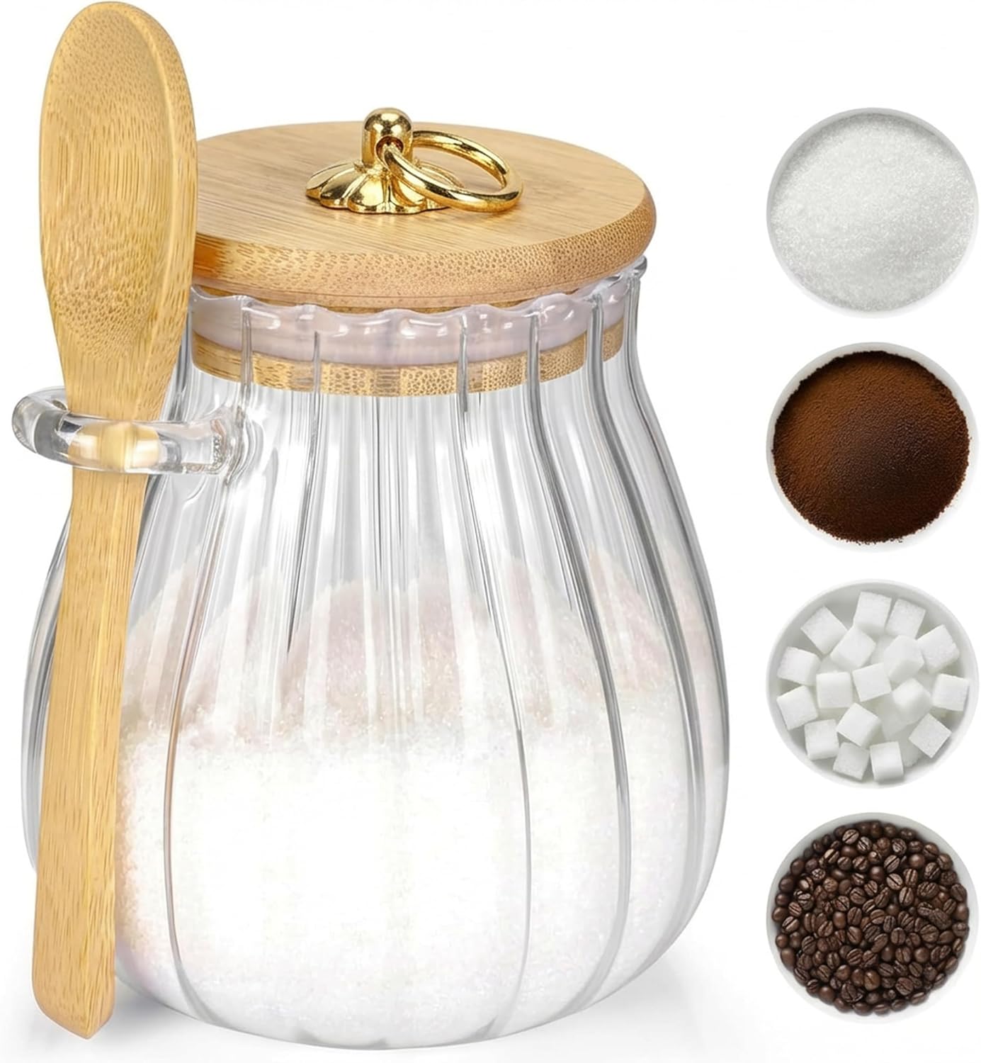 Sugar Container with Bamboo Lid and Spoon,15 oz Sugar Bowl Glass
