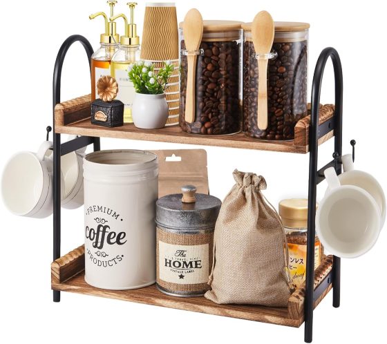Coffee Bar Accessories, 2-Tier Coffee Bar Organizer with 4 Coffee
