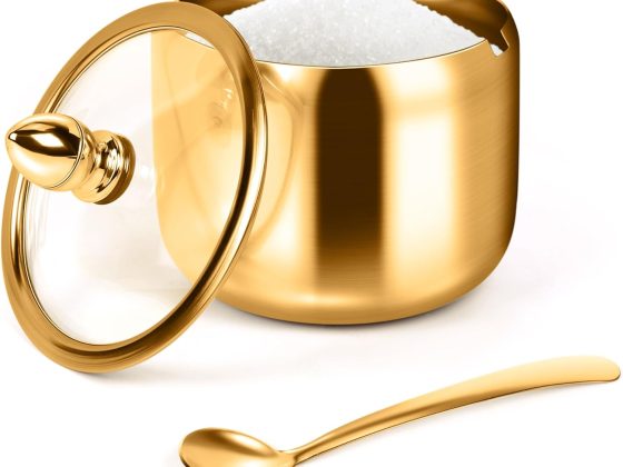 Sugar Container with Glass Lid and Spoon – 10oz Gold Sugar Bowl for