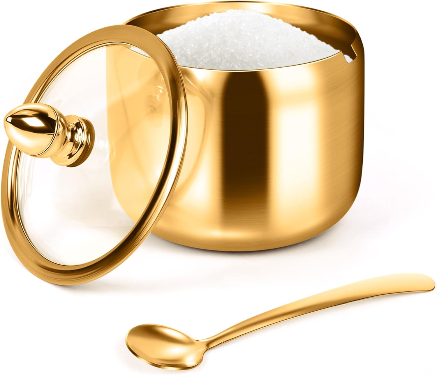Sugar Container with Glass Lid and Spoon – 10oz Gold Sugar Bowl for