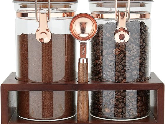 Glass Coffee Container with Wooden Shelf, 2 x 40 FLOZ Coffee Bean