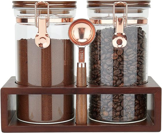 Glass Coffee Container with Wooden Shelf, 2 x 40 FLOZ Coffee Bean