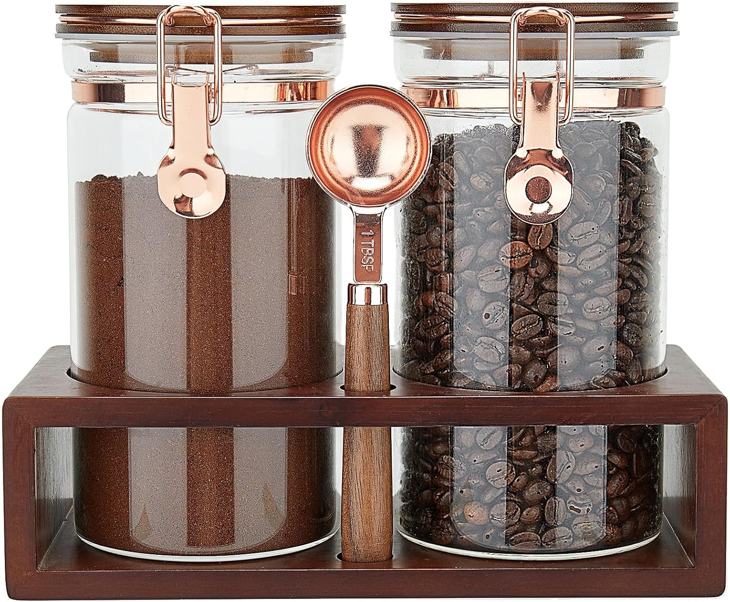 Glass Coffee Container with Wooden Shelf, 2 x 40 FLOZ Coffee Bean