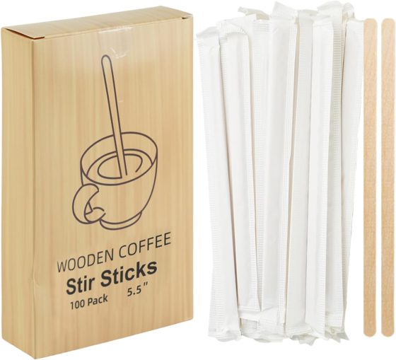 100 Pcs Coffee Stirrers Individually Wrapped, 5.5 Inch Wooden