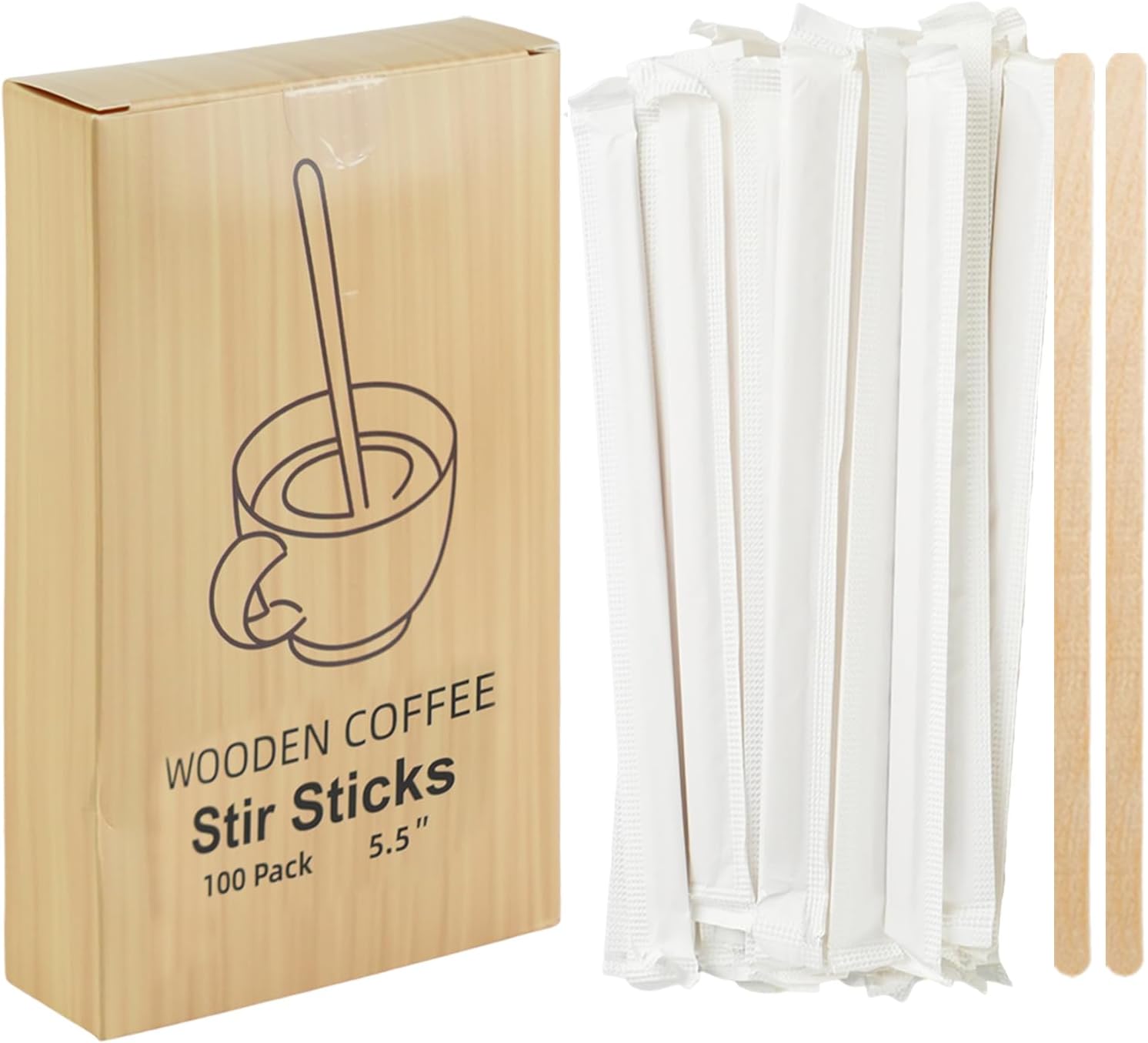100 Pcs Coffee Stirrers Individually Wrapped, 5.5 Inch Wooden