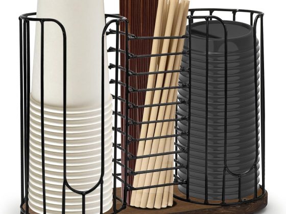 3-Compartment 18oz Coffee Cup Dispenser Rack with Wood Base,