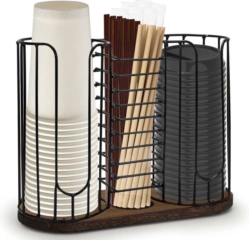 3-Compartment 18oz Coffee Cup Dispenser Rack with Wood Base,