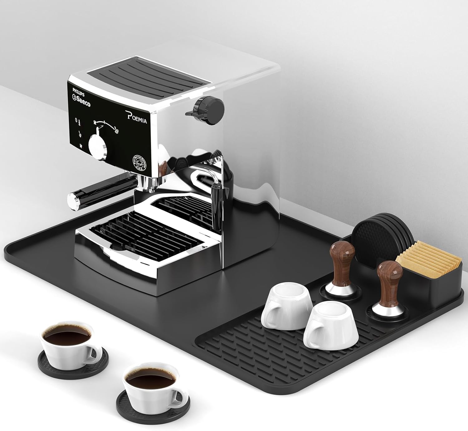 Silicone Coffee Mat with 6 Coasters,24″x16″ Counter Bar Mat Fits