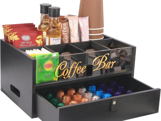2-Tier Coffee Bar Organizer with Clear Acrylic Top, Built-in Drawer