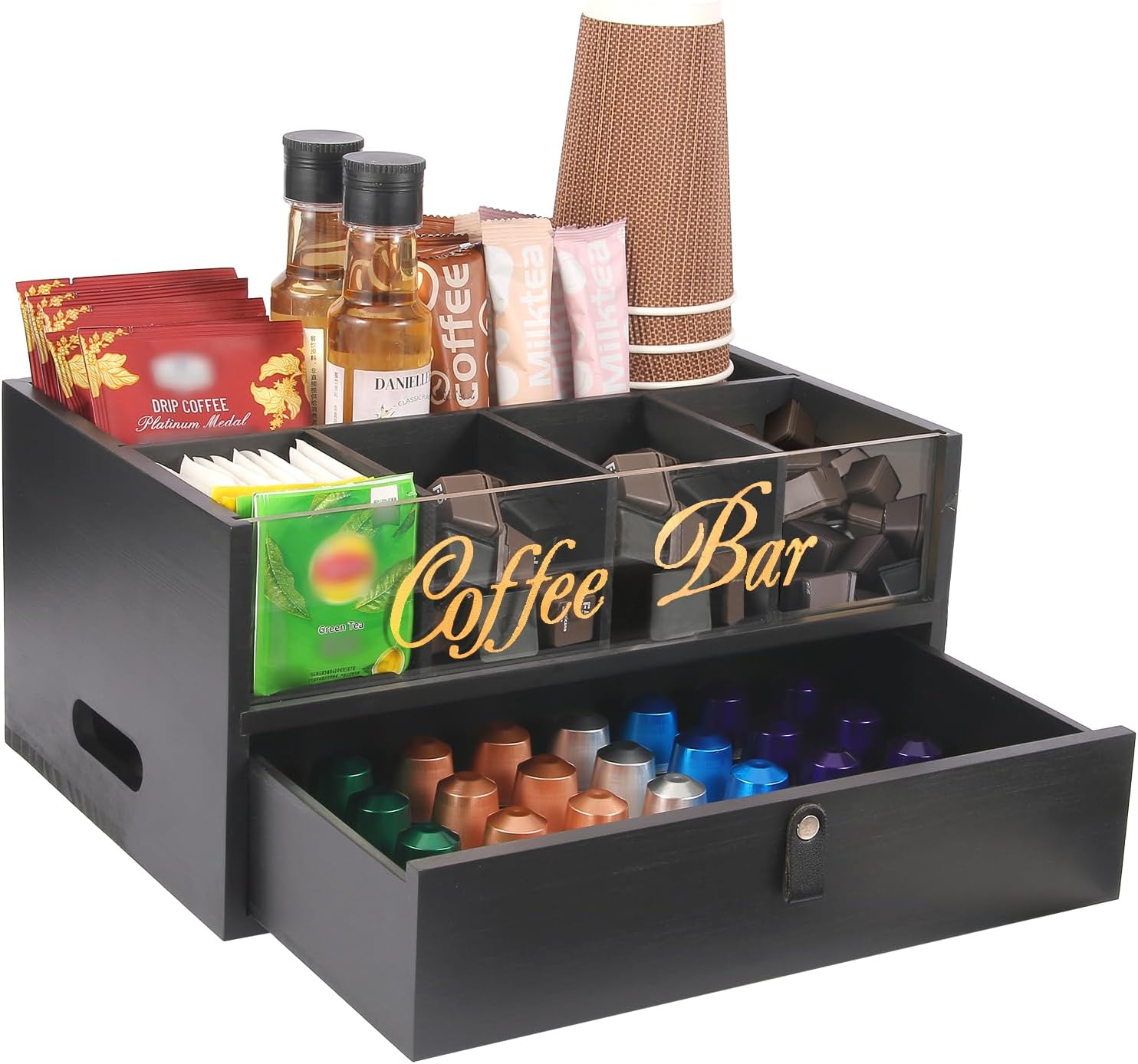 2-Tier Coffee Bar Organizer with Clear Acrylic Top, Built-in Drawer