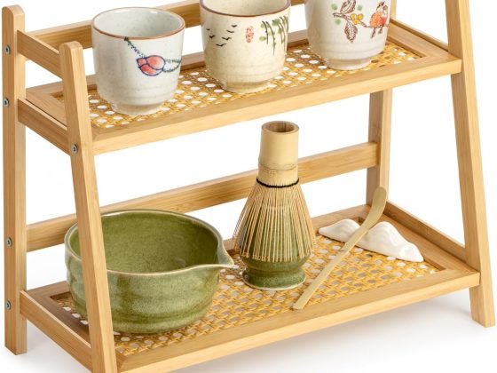 ANBOXIT Rattan-Look Matcha Station Organizer, Countertop Bamboo Tea