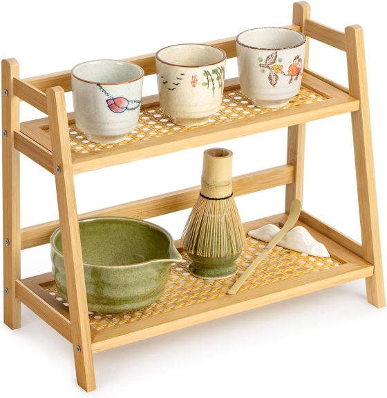 ANBOXIT Rattan-Look Matcha Station Organizer, Countertop Bamboo Tea