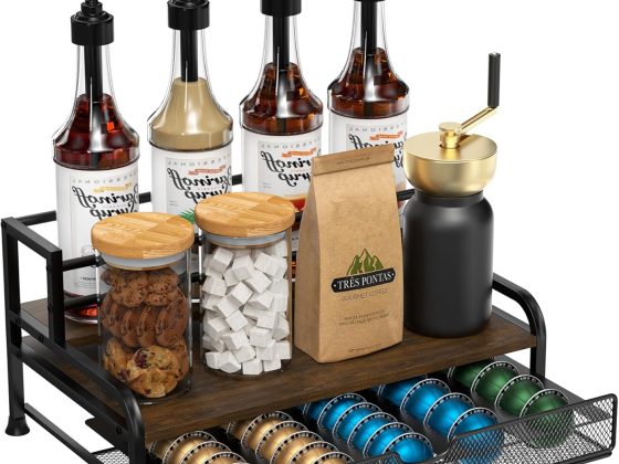 Coffee Syrup Rack Organizer, 3-Tier 8 Bottles Syrup Rack with Pod