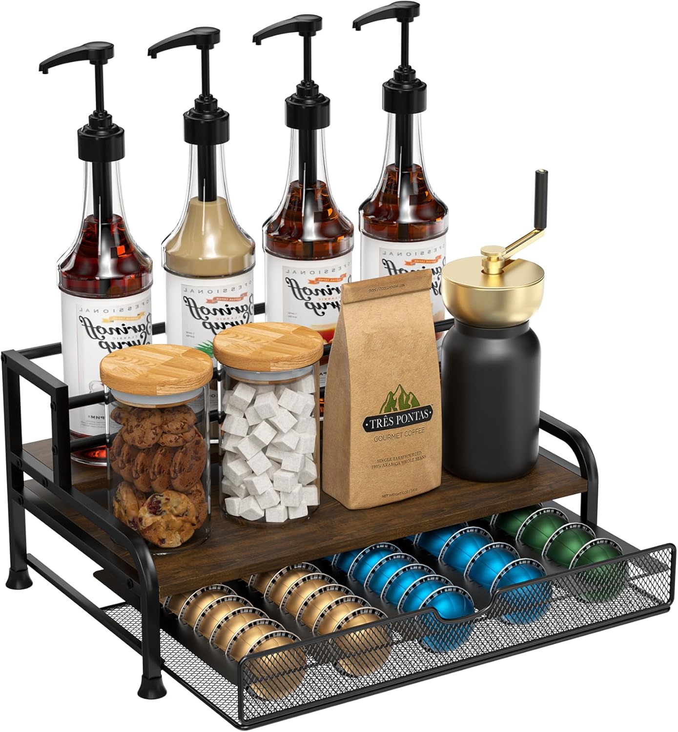 Coffee Syrup Rack Organizer, 3-Tier 8 Bottles Syrup Rack with Pod