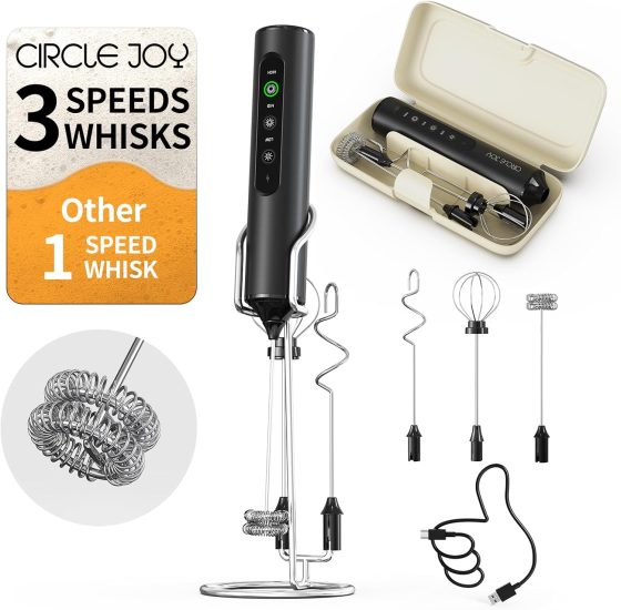 CIRCLE JOY Rechargeable Handheld Milk Frother Wand with Stand, 3