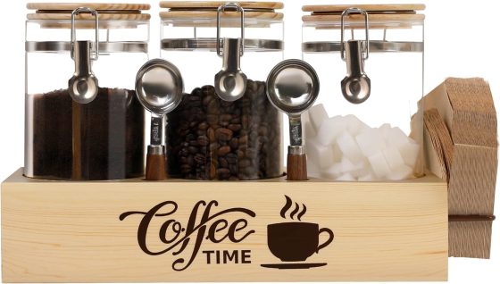 Glass Coffee Canister Set with Shelf & Spoons – 3 Piece Airtight